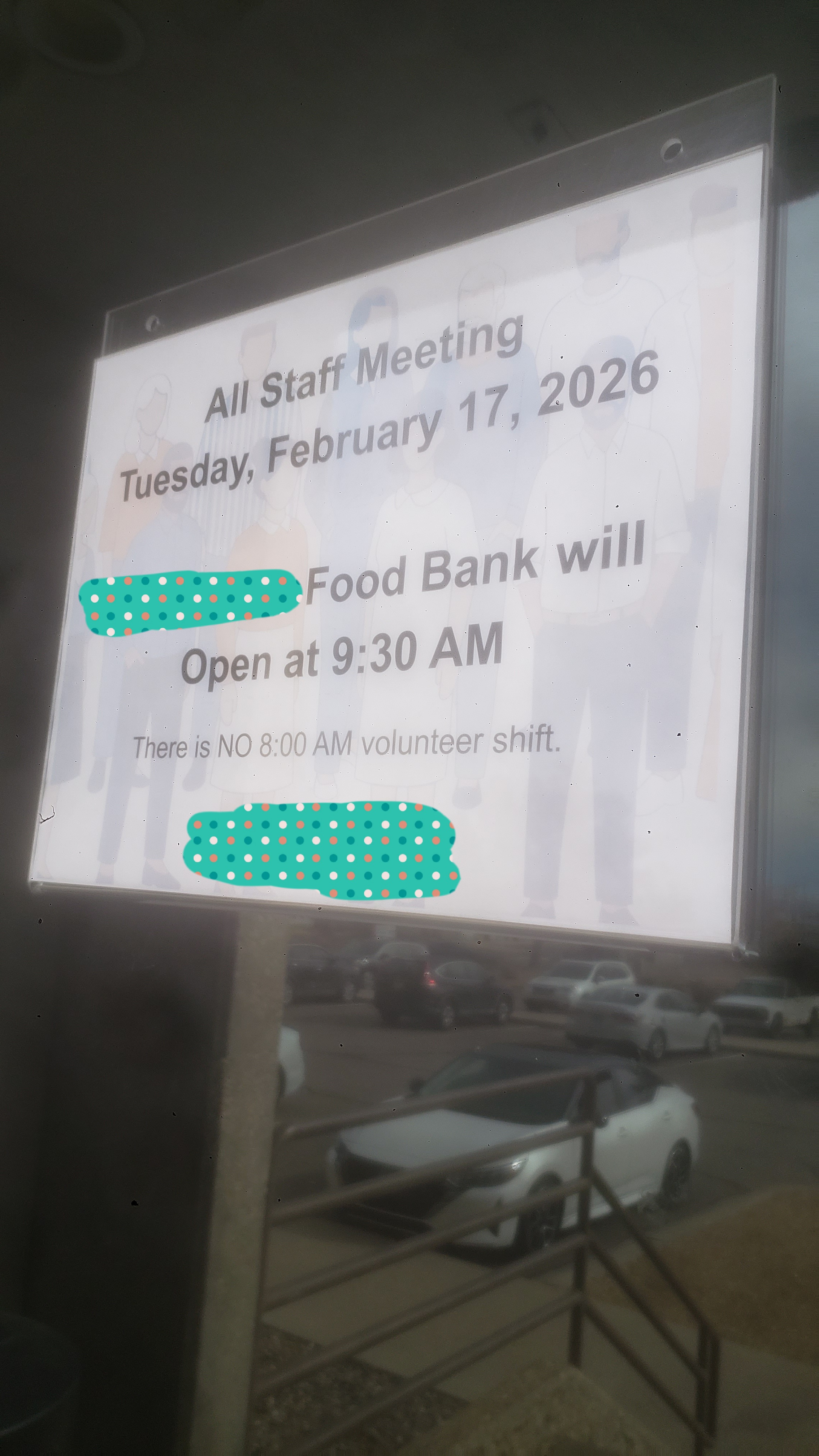 A sign for a all staff meeting and lists there is no 8 am shift and what time they will reopen.